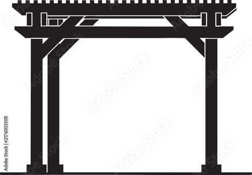 Black silhouette of a wooden pergola structure on a flat base