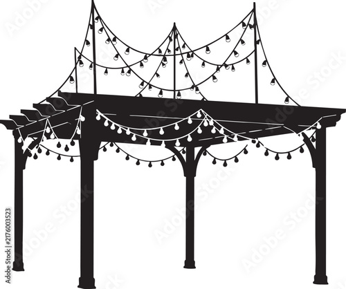 Black silhouette of a pergola decorated with hanging string lights
