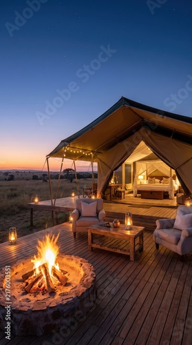 luxurious glamping tent with string lights on wooden deck. burning campfire and armchairs in foreground. safari lodge in savanna at twilight. travel, vacation, outdoor retreat. copyspace.