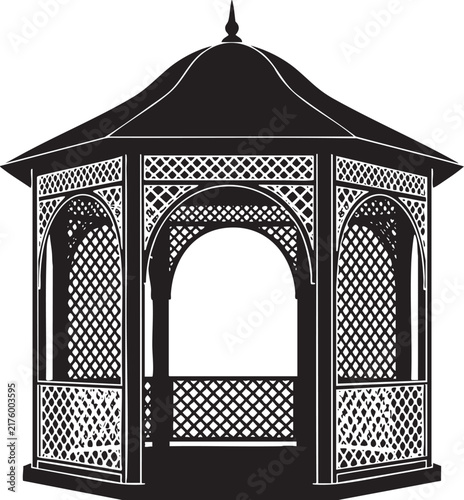 Black silhouette icon of a traditional outdoor gazebo with decorative