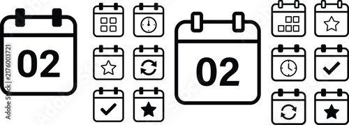 Calendar icons collection showing date 02 with various schedule symbols