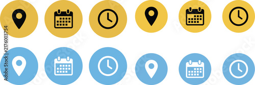 Round icons set with location pin calendar and clock in yellow and blue