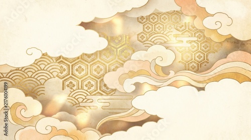 soft pastel asian clouds with glowing golden geometric hexagon patterns. traditional japanese ethereal concept. greeting card, banner, website header with copyspace.
