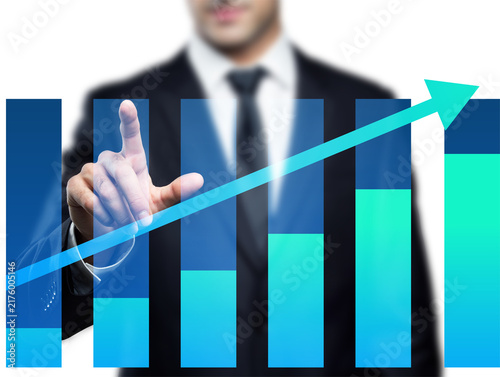 Businessman Touching Financial Growth Bar Chart with Arrow Isolated on Transparent Background
