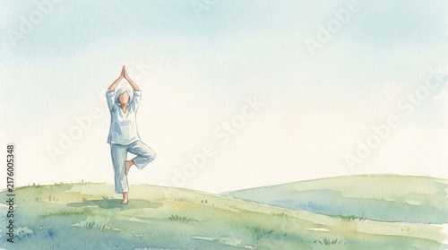 watercolor illustration of woman practicing yoga tree pose on green hill under serene blue sky. mindfulness, wellness, healthy lifestyle. banner, website header with copyspace.