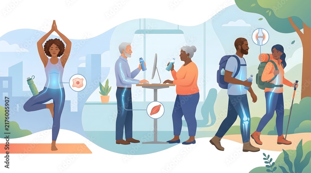 Obraz premium Healthy active lifestyle people managing blood sugar levels with yoga exercise and hiking for metabolic wellness illustration