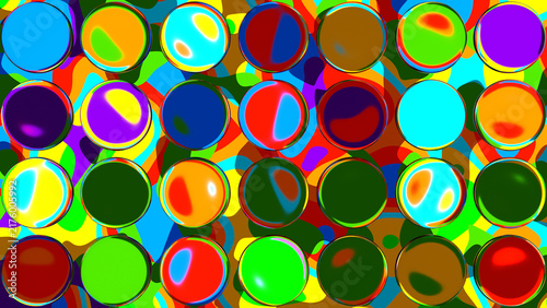Obraz na płótnie A vibrant geometric matrix of glossy, refractive 3D glass spheres optically distorting a high-contrast neon cyan, yellow, and black fluid abstract background