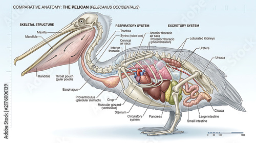 Biological illustration of the brown pelican Pelecanus occidentalis showing internal organs and skeletal structure for anatomical study