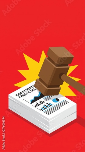 wooden judge gavel striking stack of corporate documents with charts against red background. business law, financial audit, bankruptcy, penalty concept with copyspace. 3d isometric.