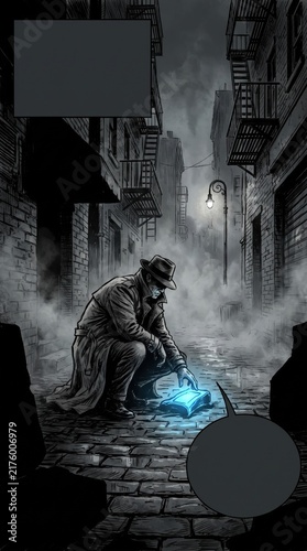 detective in trench coat crouching in dark foggy alleyway examining glowing object. noir crime investigation. comic book illustration with empty speech bubbles. graphic novel design, poster, copyspace