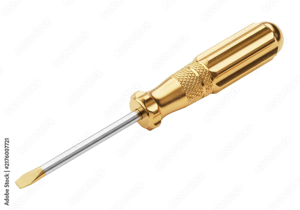 Fototapeta premium Golden screwdriver with metallic shaft rests on transparent background tool