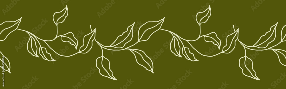 Obraz premium graceful leaves on twigs in a light olive color scheme on a green background. Watercolor illustration. The spring seamless border is hand-drawn. For postcards, calendars, invitations, and covers.