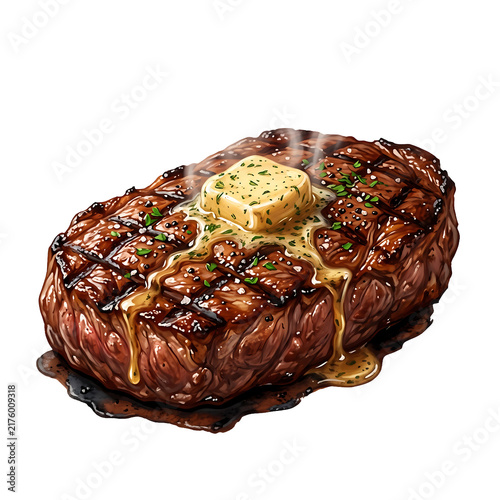 Juicy grilled beef steak with melting herb butter on top, digital watercolor illustration on white background