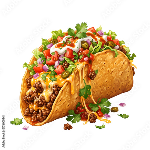 Crispy Mexican beef taco with fresh ingredients isolated on white