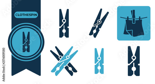 Clothespin vector icon set with wooden and spring clothes pegs in multiple positions, isolated laundry symbols for clothesline, drying clothes, household chores and utility design