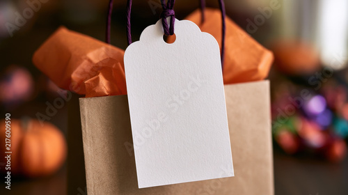 Blank white halloween gift tag mockup attached to a kraft paper favor bag with orange tissue and colorful blurred party background