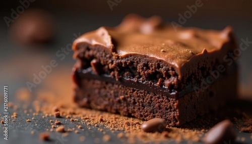 Fudgy brownie layer, rich dark chocolate texture, cake, baked, rich
