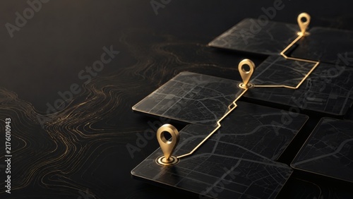 Golden route pins on dark abstract map