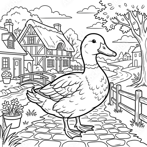 Whimsical Duck Walking Through Countryside Scene Coloring Page.