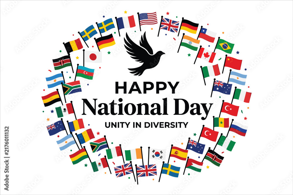 Obraz premium International Happy National Day vector, world flags circle with peace dove, unity in diversity global celebration concept