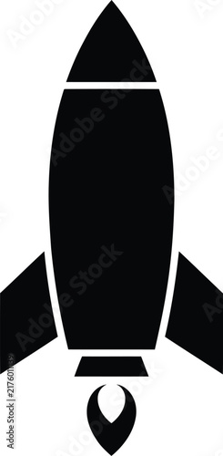Black silhouette of a rocket ship against a white background depicts space travel