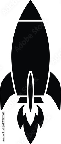 Black rocket silhouette against a white background depicts space exploration