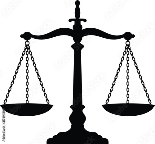 Scales of justice silhouette against a white background depicts legal balance