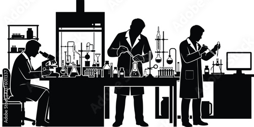 Laboratory scene with scientists and equipment is depicted in a black silhouette