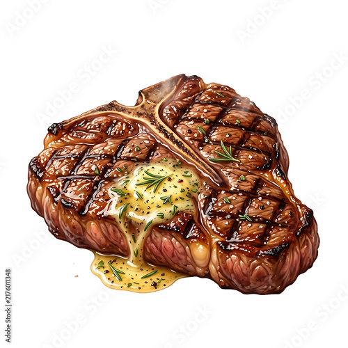 Savory grilled T-bone beef steak seasoned with melting garlic herb butter and rosemary garnish on isolated white background