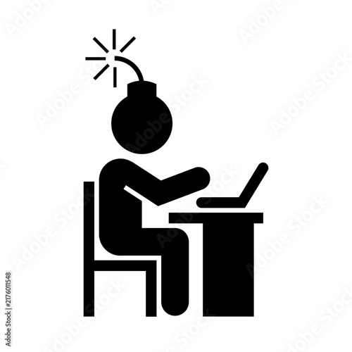 overworked employee clip art icon symbol, stressful workplace, mental health concept, emotional stress, black and white vector illustration