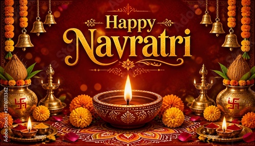 Happy Navratri celebration with diyas flowers and traditional decorations festive indian holiday