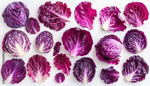 Red cabbage leaves arranged isolated on transparent background
