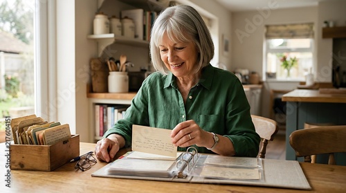 Smiling Senior Woman Reading Handwritten Recipe Cards in Cozy Home Kitchen for Nostalgic Cooking Memories and Family Heritage Preservation