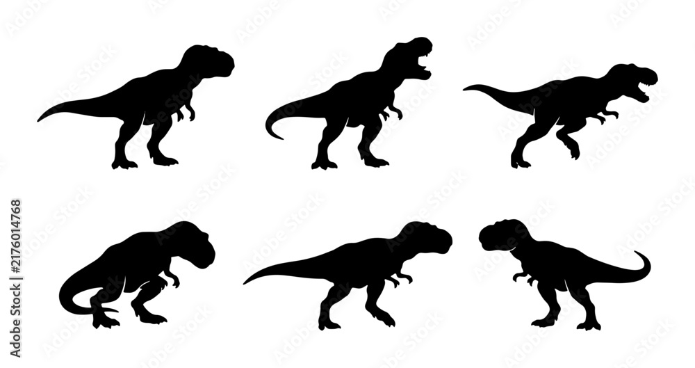 Obraz premium Tyrannosaurus Rex Dinosaur Silhouettes, Prehistoric Reptile Icons, Jurassic Era Creature Vector Set, T-Rex Animal Graphics