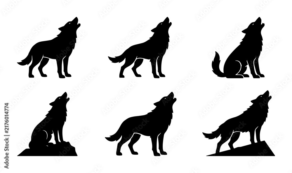 Fototapeta premium Wolf Silhouettes Vector Pack: Howling Canine Icons, Wild Animal Graphics, Nature Wildlife Art, Pack Hunter Symbols, Nocturnal Creature Illustrations