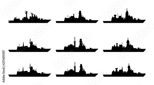 Bild auf Leinwand Silhouette Warships Collection, Naval Battleship Icons, Military Fleet Vector Se