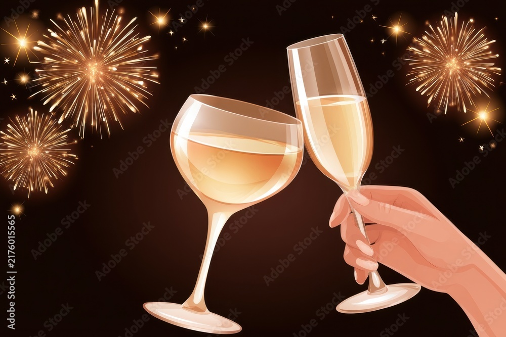 Naklejka premium Champagne toast with fireworks background for New Year celebration