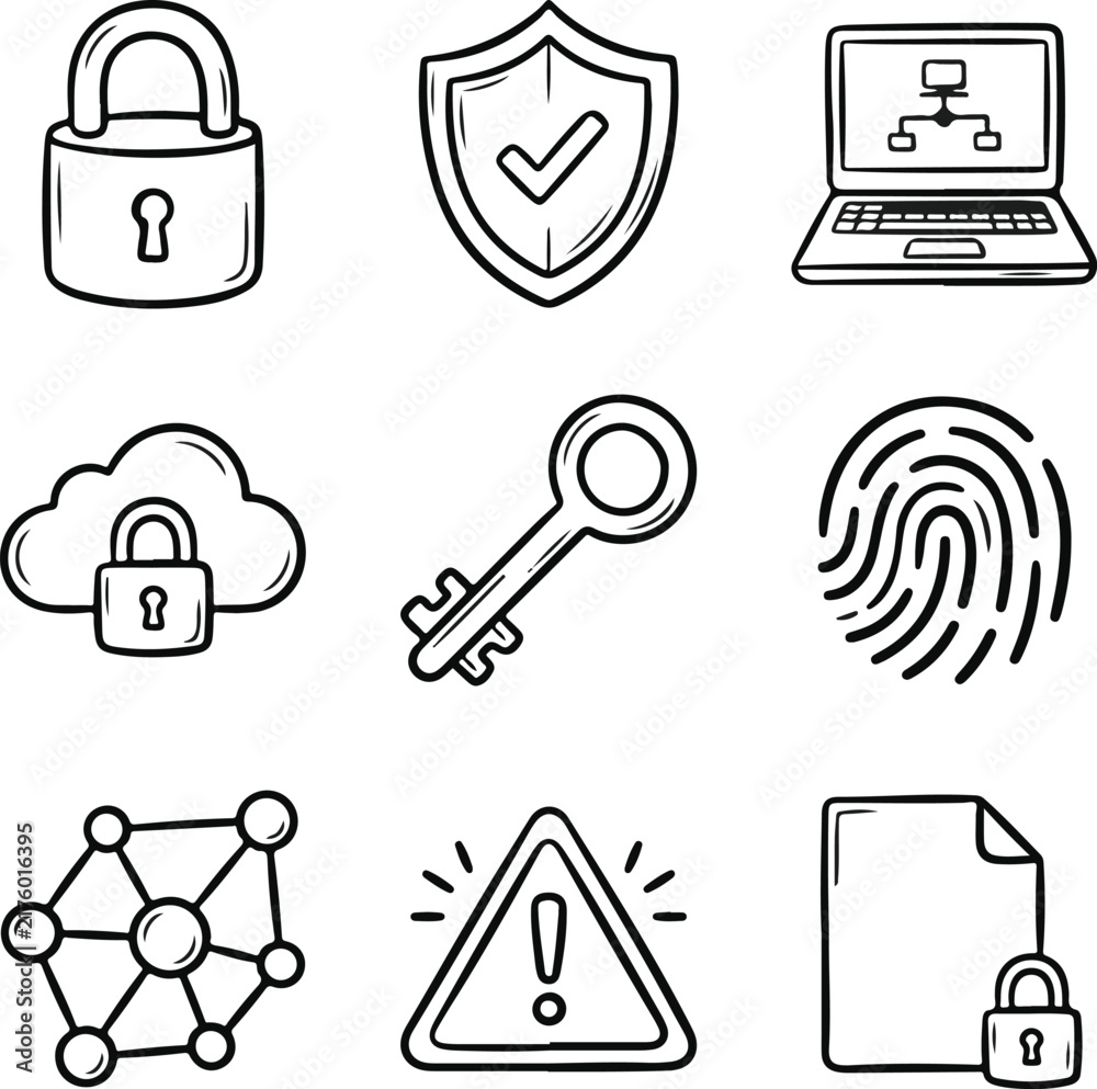 Fototapeta premium Set of hand drawn cyber security and data protection icons featuring locks shields and digital network elements