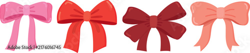 Illustration of collection with cute bows in pink, bright red, dark burgundy and coral colors isolated on white 