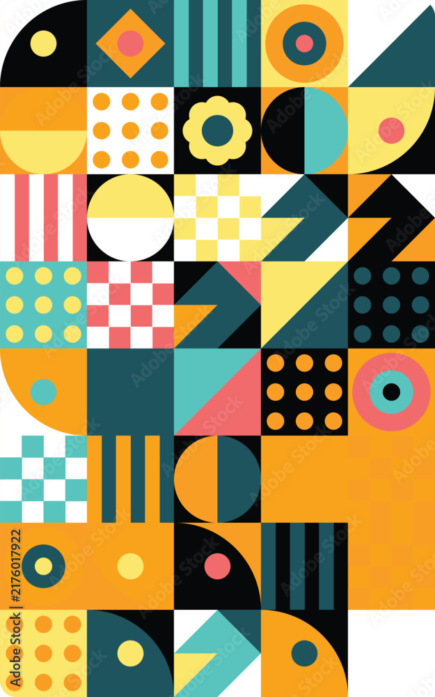 Obraz premium Abstract geometric pattern with colorful shapes and simple symbols in a grid Vector
