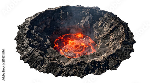 Volcanic crater with molten lava and glowing rocks in nature