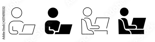 Person working on laptop icon set. Man sitting at desk with computer in line art, solid silhouette, and profile view styles. Remote work, freelancing, office workplace, online learning, and programmer