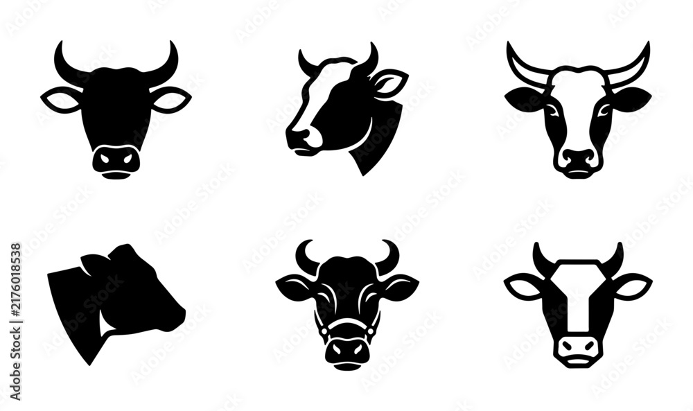 Obraz premium Six Black and White Cow Head Icons, Livestock Farm Animal Silhouettes, Cattle Vector Graphics for Agriculture and Meat Industry Branding
