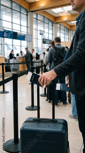 Close-up of a man's hand holding the handle of a suitcase while waiting in line at an airport terminal, waiting for a flight to depart, check-in, passport control and immigration security