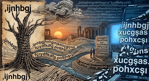 Surreal Typography Landscape with Tree of Wisdom, Code Matrix, and Stone Inscriptions