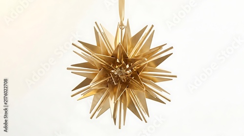 Golden metallic starburst ornament hanging against a clean white background