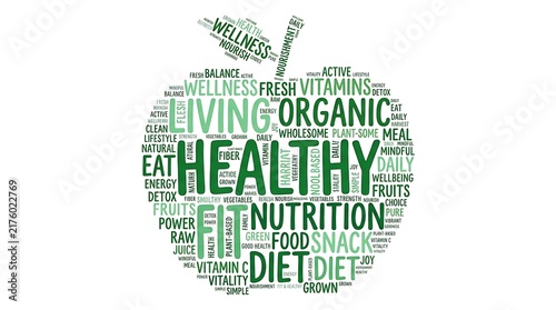 Green apple word cloud composition representing healthy eating and organic nutrition concepts.