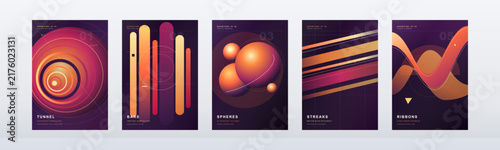 Geometric poster and banner templates for social media and wallpaper designs featuring abstract spheres bars and ribbons