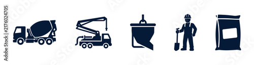 Concrete Construction Icon Set with Mixer Truck, Pump Truck, Bucket, Worker and Cement Bag