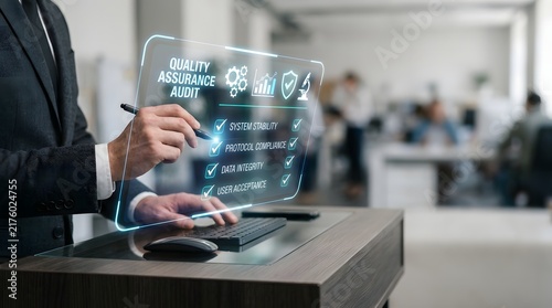 Auditor performing quality assurance audit on digital interface.